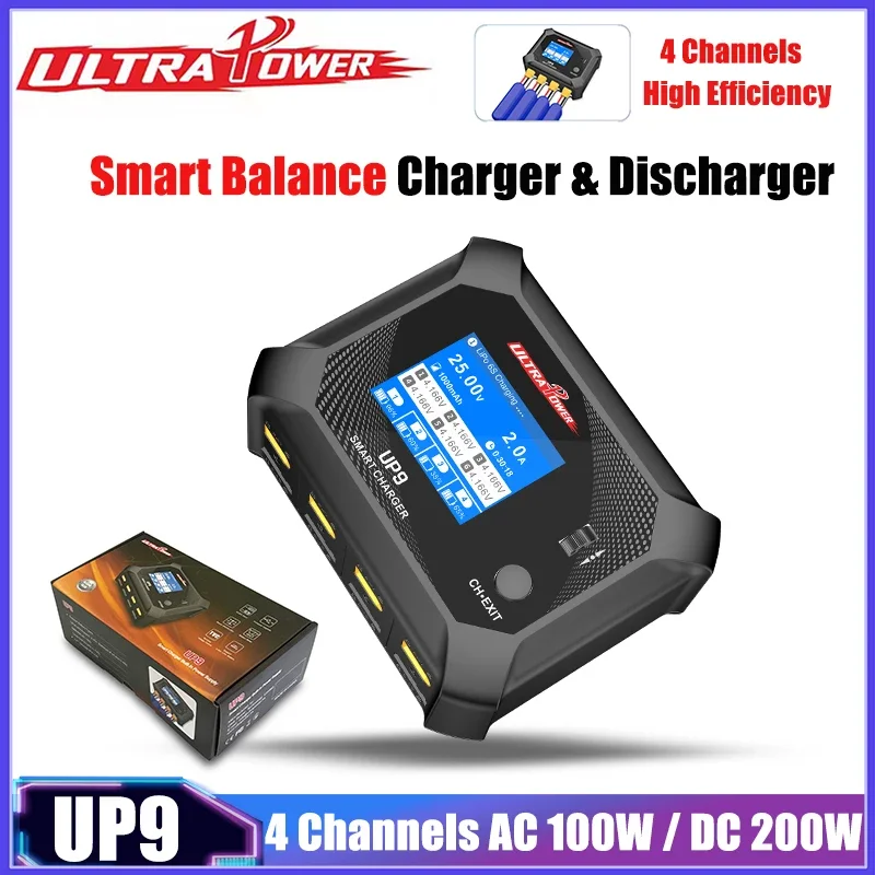 

UltraPower UP9 4-канальное зарядное устройство Smart Balance, разрядное устройство переменного тока 100 Вт постоянного тока, 200 Вт, светодиодный экран для Lipo LiHV Lilon LiFe NiMH NiCd