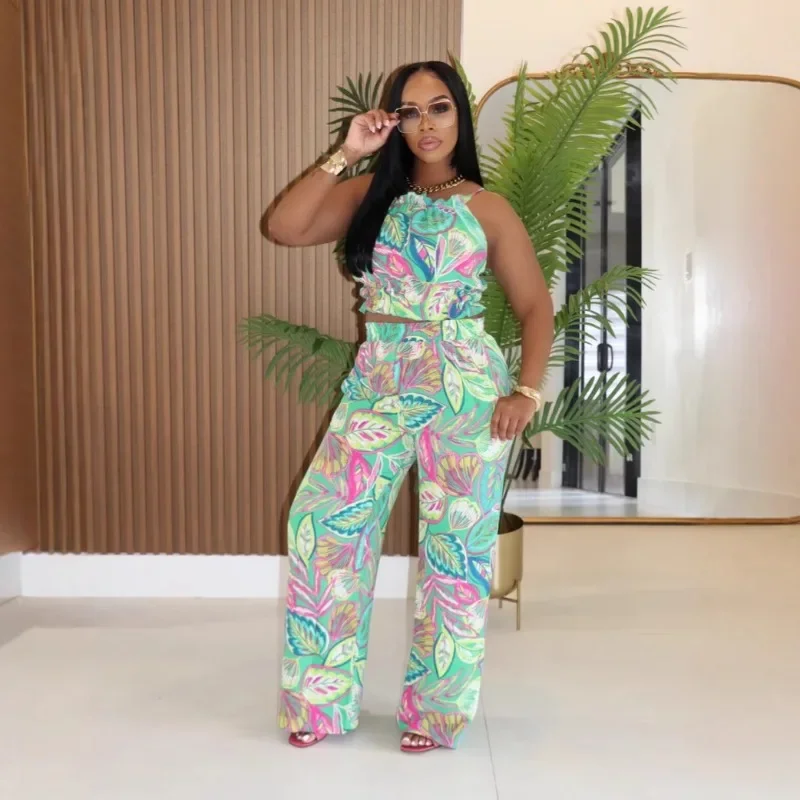 

Colorful Leafs Print Loose Casual 2 Piece Set Women Sexy Lace Up Backless Ruffles Camis Crop Tops + Wide Leg Pants Holiday Suits