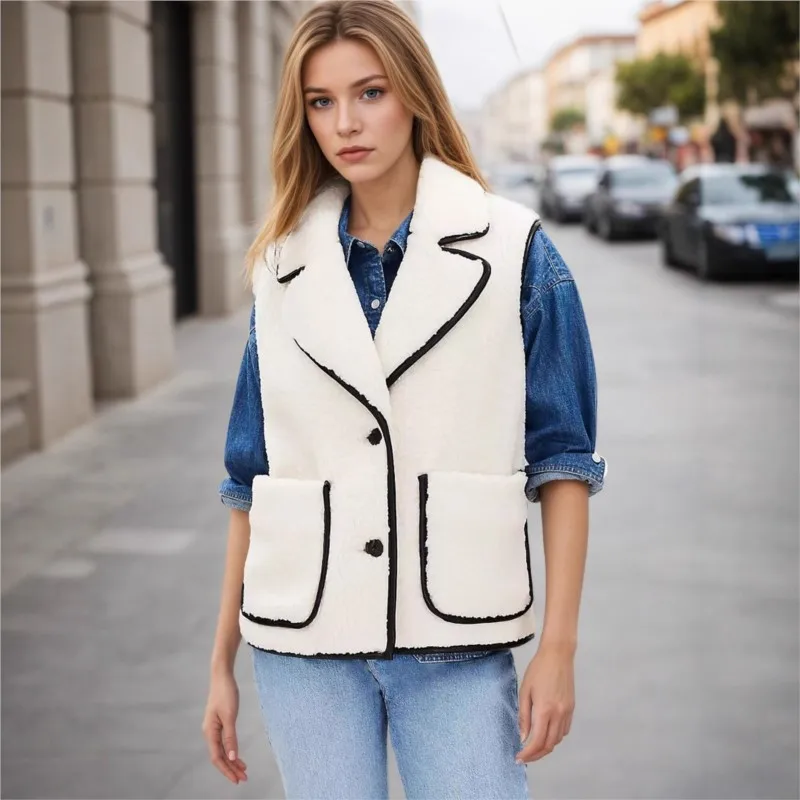 White Sleeveless Lambswool Vests Coat Women Pocket Patchwork Fashion Ladies Jackets Loose Casual Vests Coats 2025 Autumn Winter