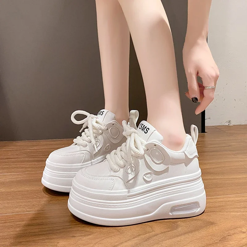 Fashion Tide 8CM High Platform Shoes Womens Chunky Sneakers Real Leather Height Increasing Sports Shoe Basketball Walking Shoe