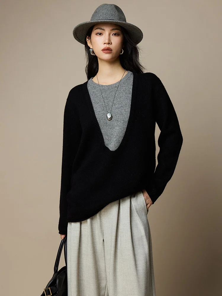 Birdtree,100% Sheep Wool Fake Two Piece Sweater,Woman Knitted Color Blocking V-neck Tops,2025 Autumn Winter Pullover T5O706JF