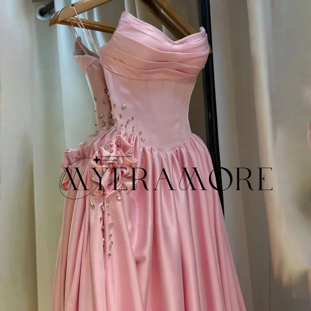 Exquisite trägerlose Abendkleider, rosa A-Linie, Blumen, Seitenschlitz, Falten, Ballkleider, maßgeschneiderte Robes de Soirée