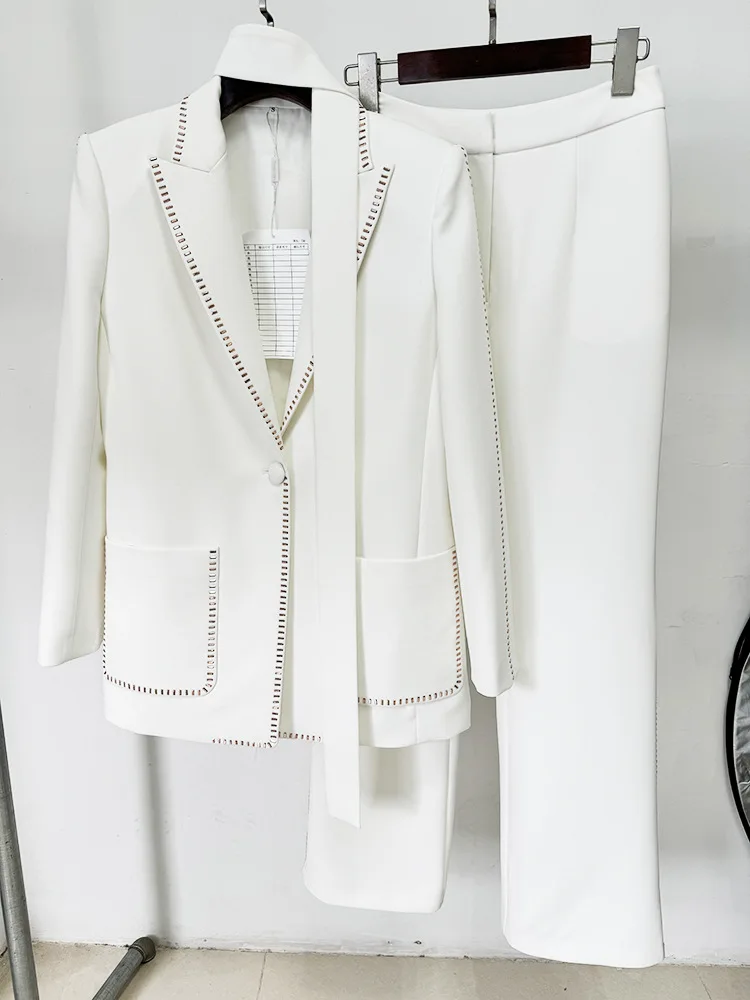 Decoration Jacket Pants Sets White Blazer Rhinestone Collar with Scarf Loose Jacket Trousers Two-piece Set Festival Outfit Women