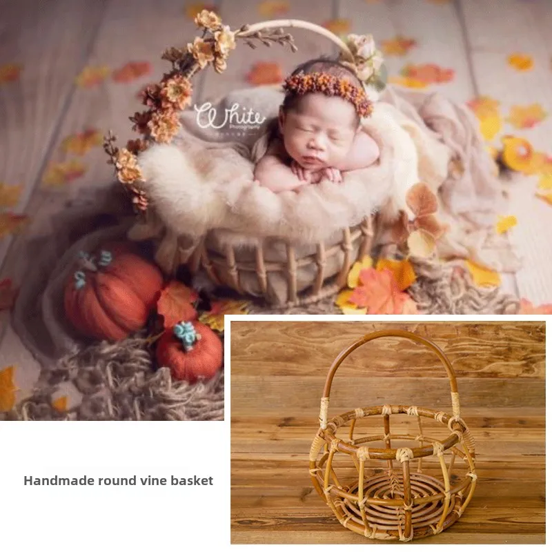 Newborn Photography Basket Handwoven Rattan Baby Posing Bed for Studio Shoots Professional Infant Photo Prop for Full Moon