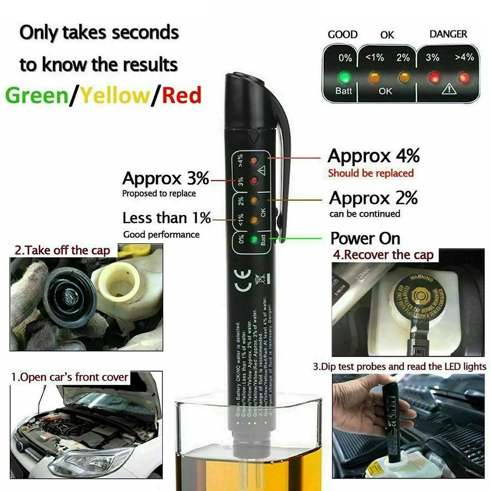 

Car Brake Diagnostic Testing Tool Brake Fluid Tester Pen with 5 LED Indicators Hydraulic Fluid Liquid Oil Moisture Analyzer