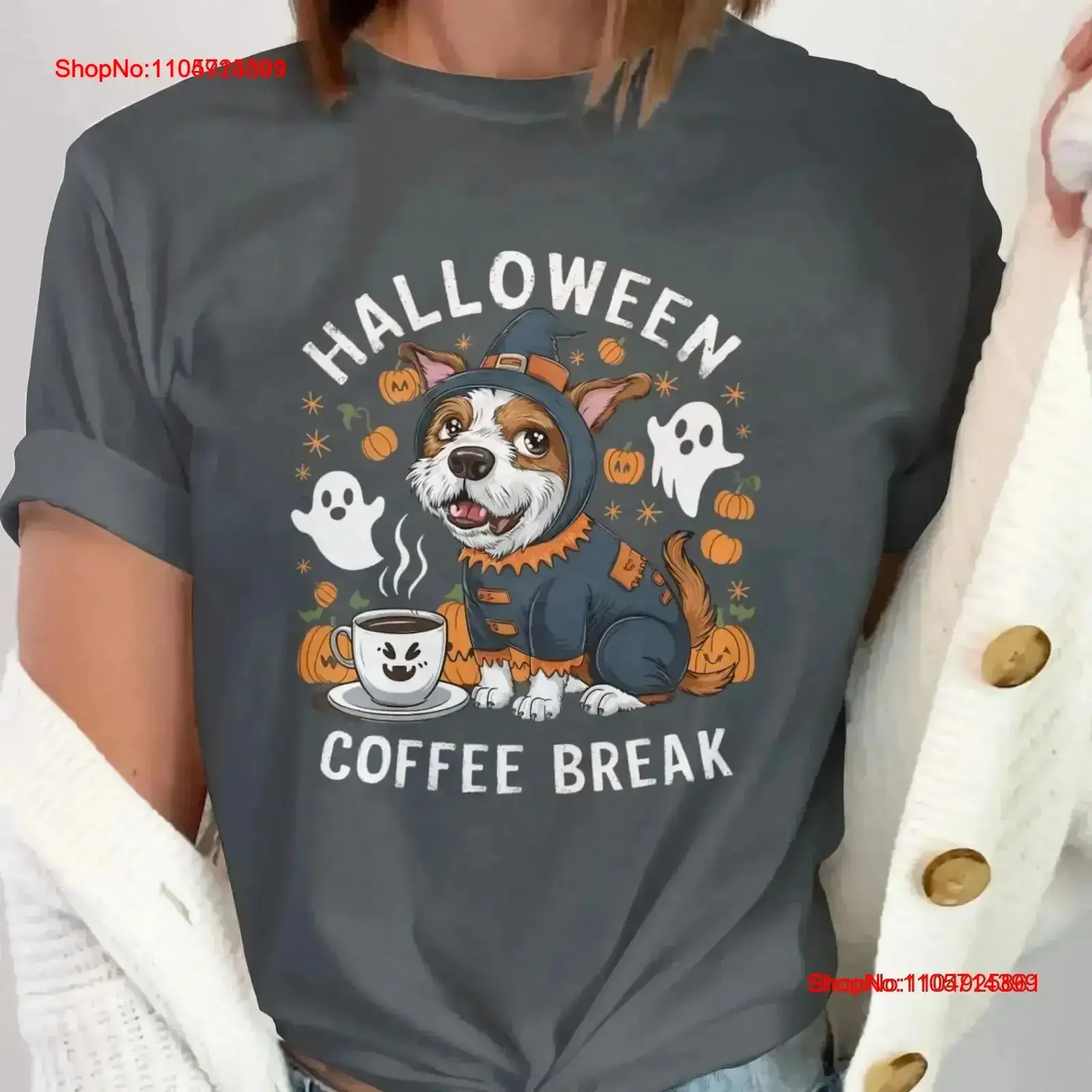 Cute Dog in Halloween Costume T Shirt Coffee Break Puppy Lover Fall Fashion Witch Fun Pumpkin Design vintage Washed vintage