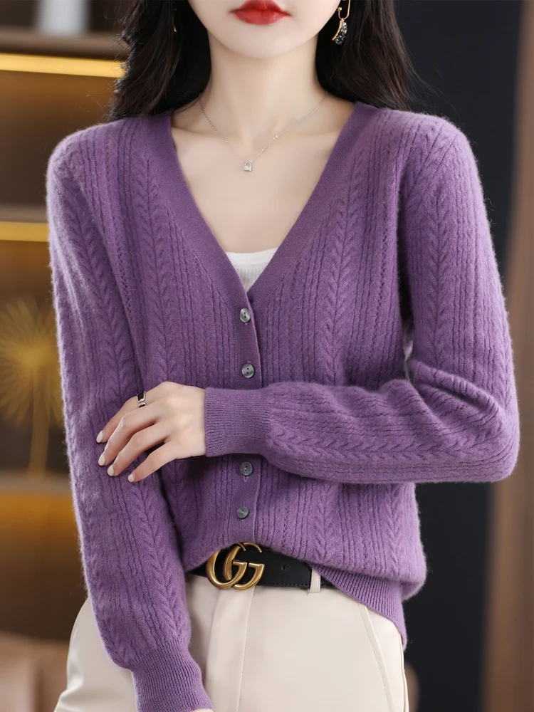 Spring Autumn Women V-Neck Cardigan 100% Merino Wool Long Sleeve Sweater Cashmere Knitwear Korean Casual Quality Tops Clothing