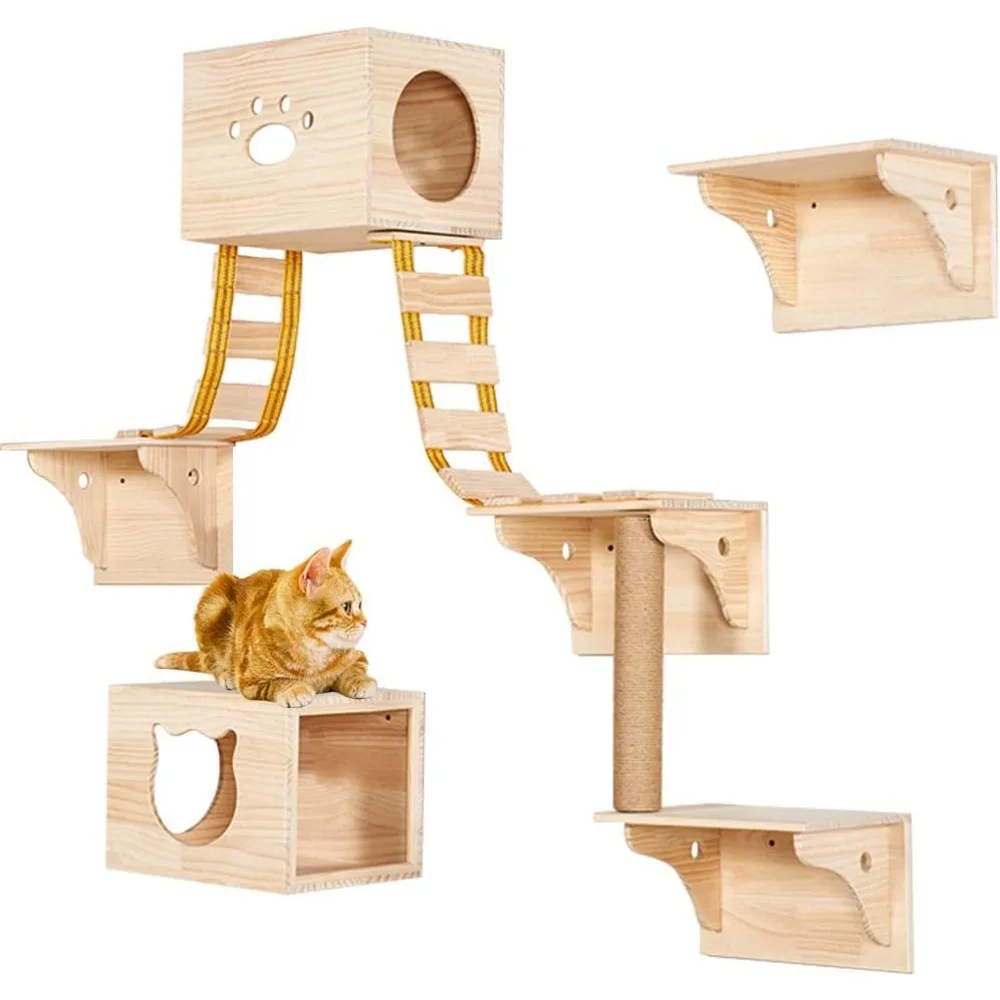 9-delige muur houten klimmerset - 2 kattenkruidhuizen en 4 planken en 2 ladders en 1 sisal kattenkrabpaal kattenstappen