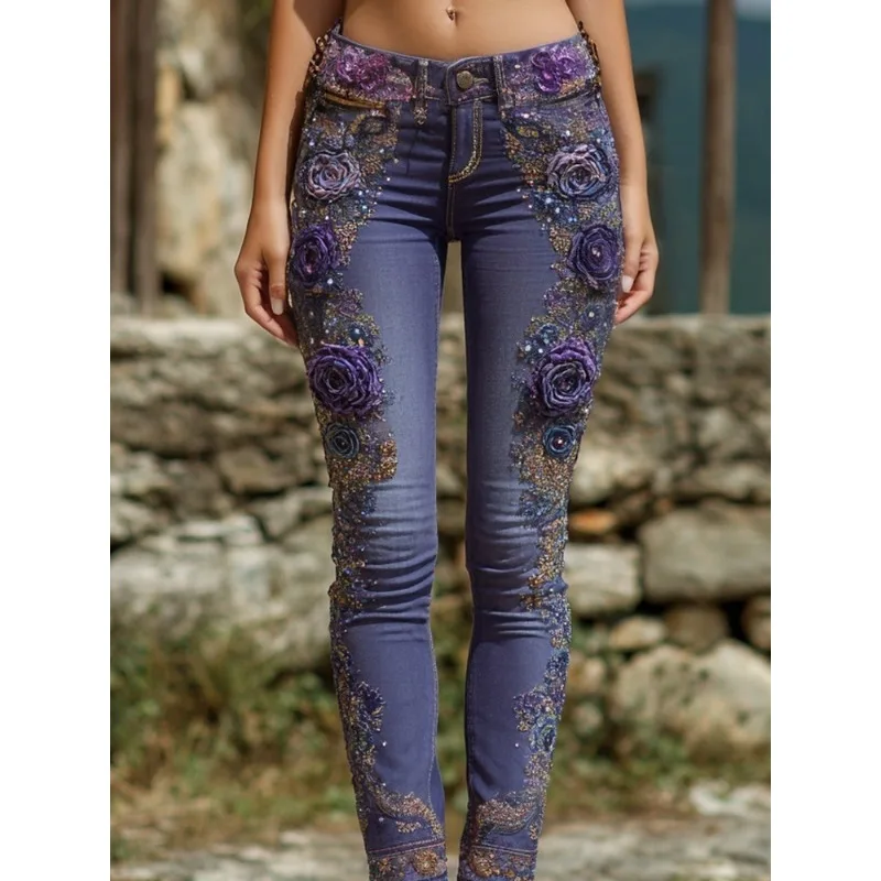 

Fashion Womens Floral Print Jeans Straight Leg Casual Denim Pants 3D Design