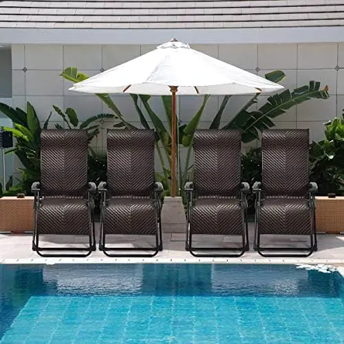 2 PCS Rattan Zero Gravity Chair, Outdoor Adjustable Folding Lounge Chair with Widened Armrest & Locking System, Heavy