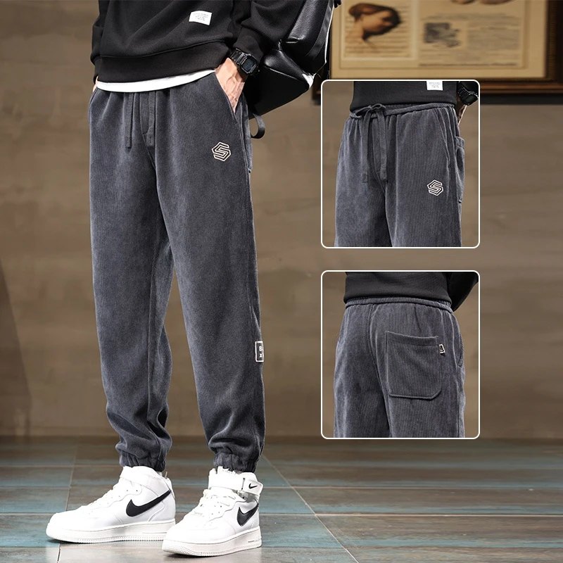 Men's Casual Corduroy Sweatpants Autumn Winter Loose Fit Durable Large Size Cargo Pants Youthful Sle Long Trousers