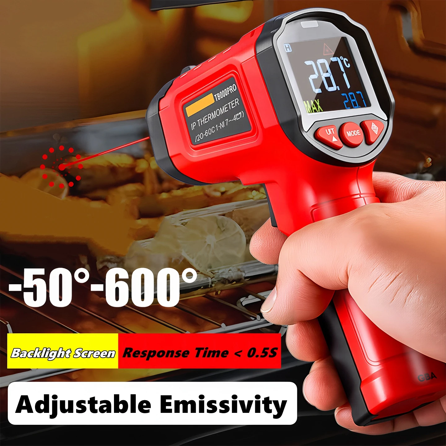 Infrared Thermometer Gun Non-Contact Digital Laser Thermometer with Adjustable Emissivity&Color Backlight for Oven,Fridge,Engine