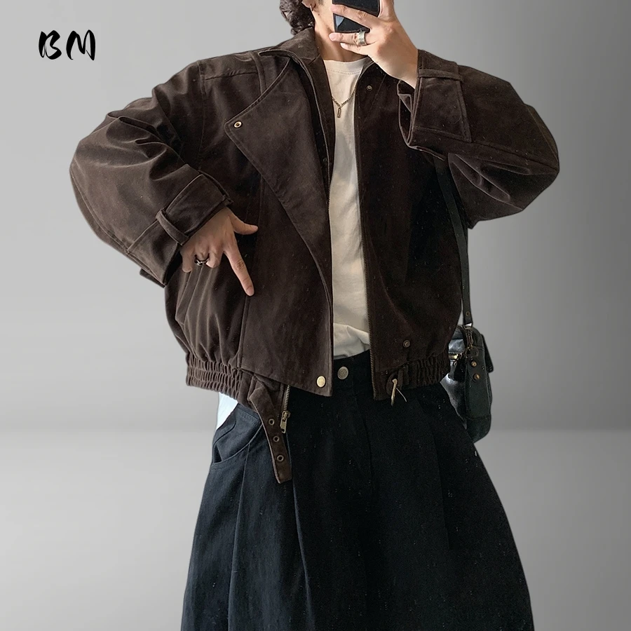 

American Vintage Suede Work Jacket Men Women Fall Winter Stand Collar Distressed Motorcycle Leather Short Brown Coat Streetwear