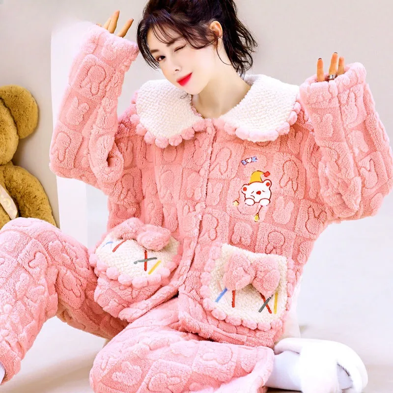 Coral Velvet Pajamas Women Autumn Winter Thick Set Long Sleeve Spring  Autumn Home Clothing Warm Loose Large Size Foreign Style