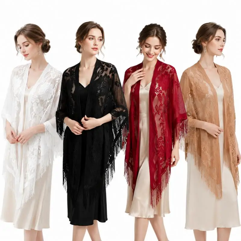 Chal de encaje floral para mujer, bufanda bordada con flecos, kimono transparente, capa, poncho, para playa, fiesta de noche, chales de verano