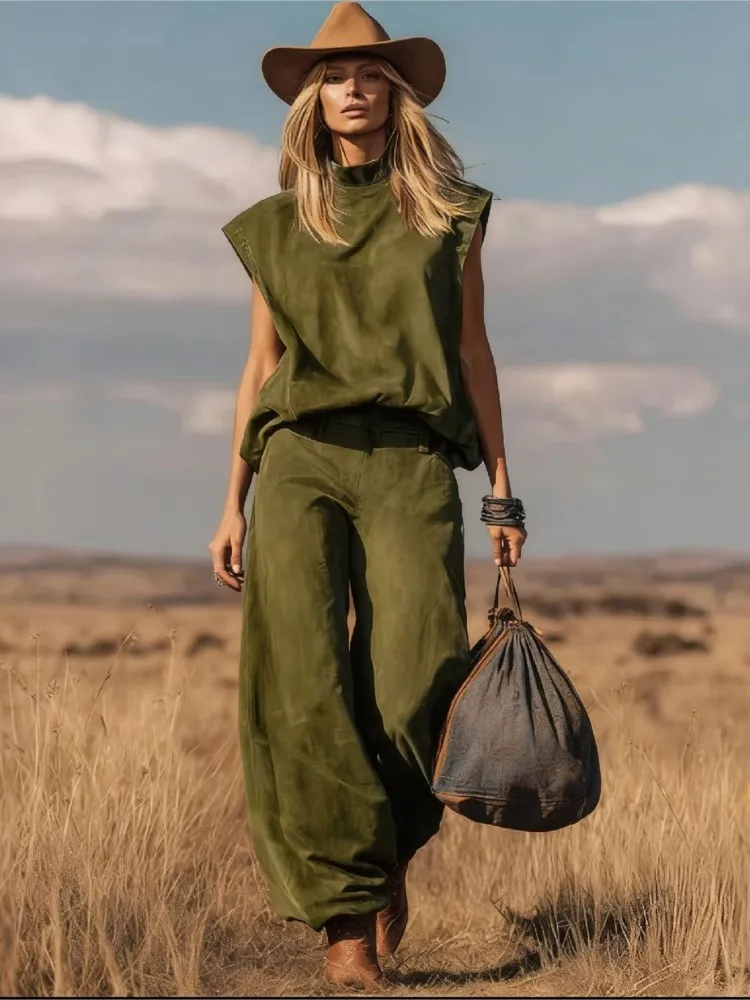Retro Street Style Women Suede Suit Fashionable Solid Color Sleeveless Loose Top Paired With Casual Leg Tied Pants Two-piece Set