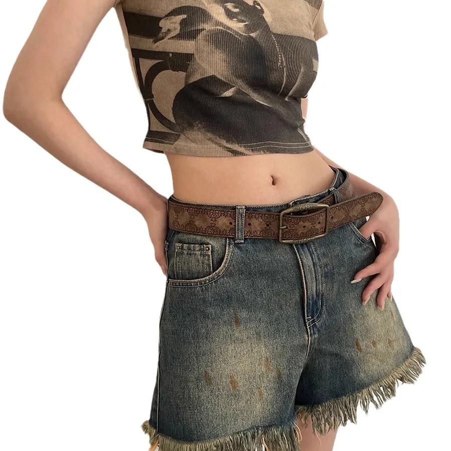 Cinturón retro americano para mujer, elegante, informal, estilo étnico, cinturón vaquero a juego, elegante, marrón