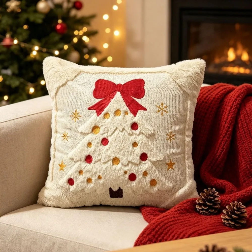 Soft Christmas Pillow Cover Santa Claus Bowknot Xmas Tree Pillowslip Christmas Tree Square Throw Cushion Case Winter Decor