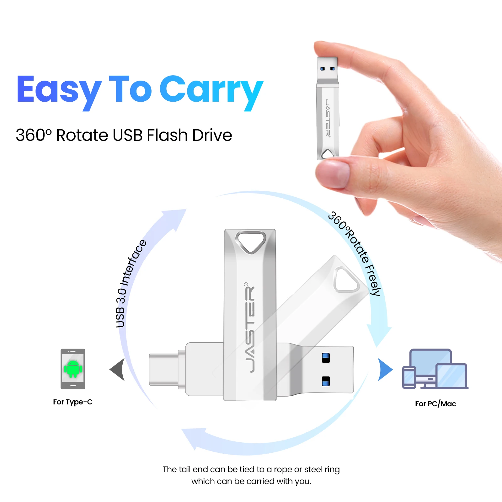 JASTER USB3.0 Tipe-C 2 IN 1 Flashdisk 256GB Gratis Gantungan Kunci USB 3.0 Flash Drive 128GB Memory Stick Bisnis 64GB Flashdisk Logam