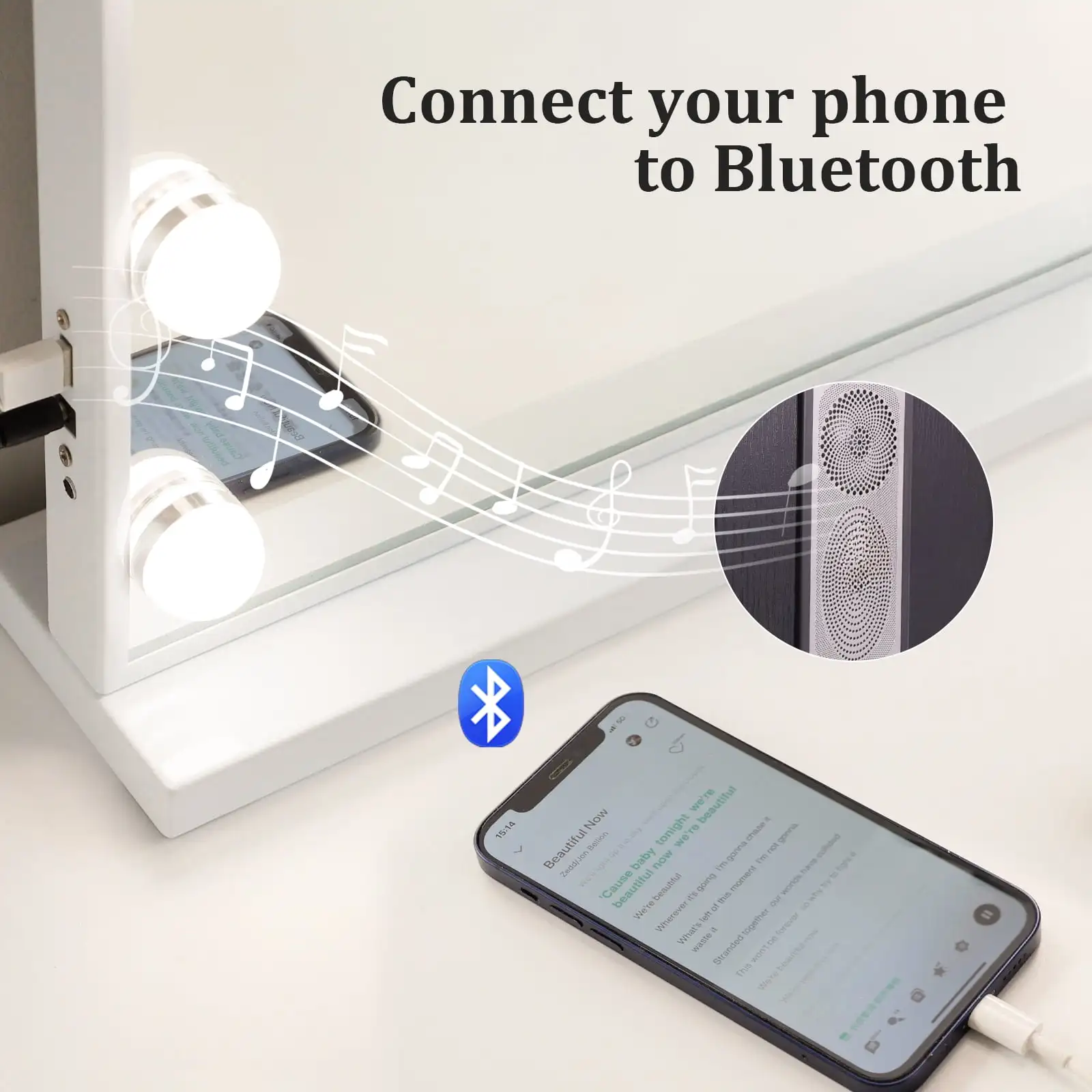 Bluetooth Audio Makeup Mirror with LED Light - 3 Color Modes, Smart Touch Control and USB Charging Port - Desktop Makeup Mirror