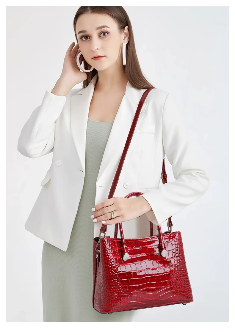 Echte Rindsleder-Handtasche mit Krokodilmuster für Damen, Glänzende Leder-Tragetasche, Tragbare Umhängetasche mit Mehreren Taschen für Pendlerinnen – Detail 2