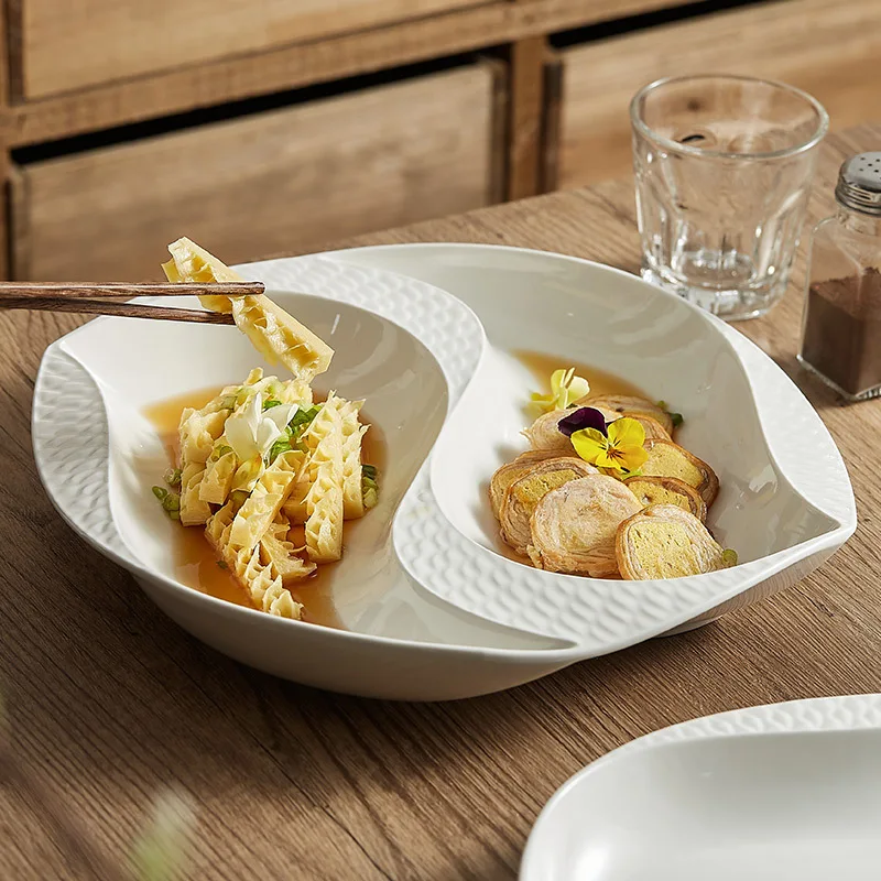 Creative Split-Compartment Ceramic Plates - Irregular White Double-Sided Dishes for Home, Artistic Cold Dish Presentation