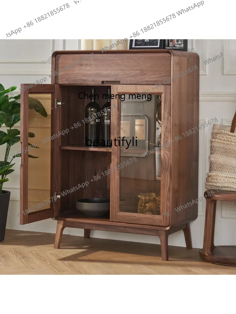 X A Black Walnut Wooden Liquor Cabinet Living Room Solid Wood Display Cabinet Made of Glass