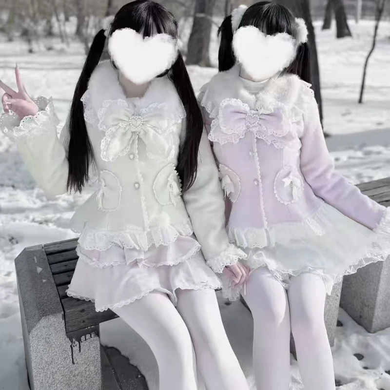Japanese Winter Lolita Wool Coat Original Kawaii Big Bow Lace Ruffle Hem Cute Princess Jacket Cute Cosplay Clothes