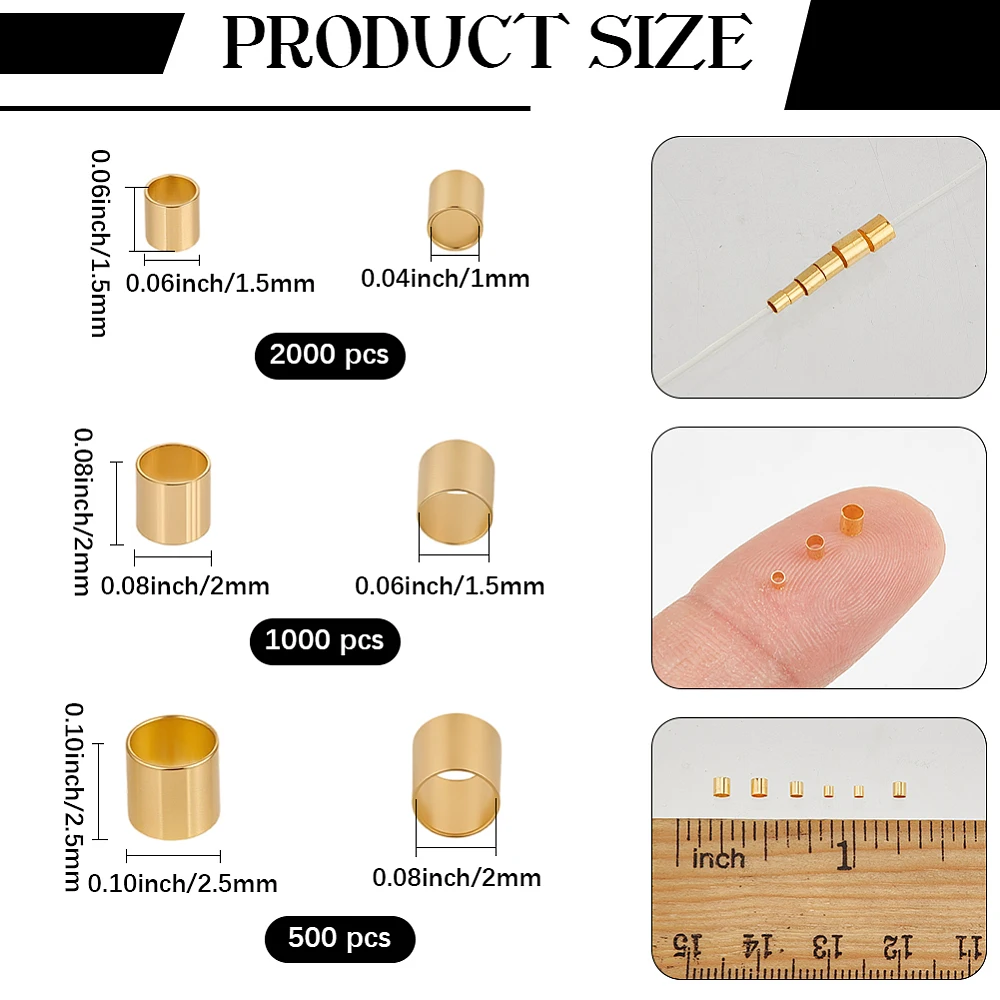 1 Box 3500PCS Copper Tube Crimp Tube Beads Gold Crimping End Column Cylinder Stopper Metal Brass Golden Spacer Loose Bead Bulk
