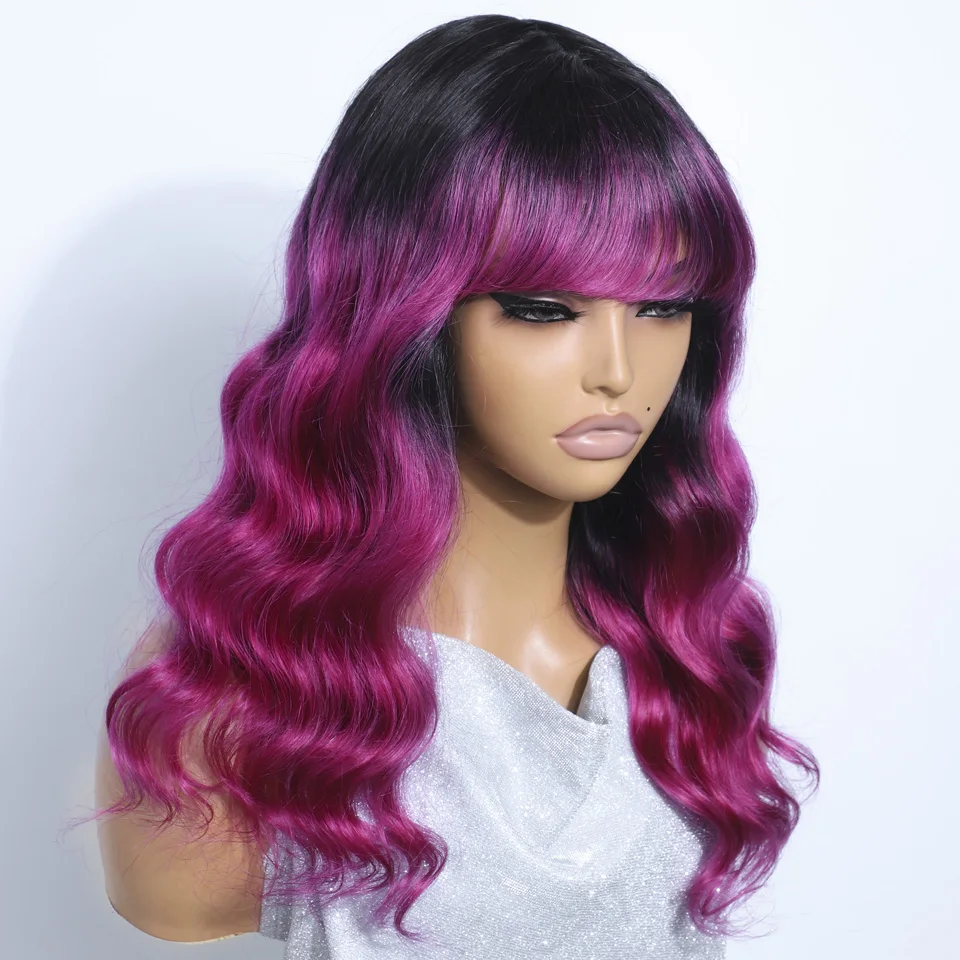 Rebecca Queen Pink Purple Color Body Wave Human Wig With Bangs Non Lace Wear to Go Wig Brown Colored Cheap Hair Wigs With Bangs