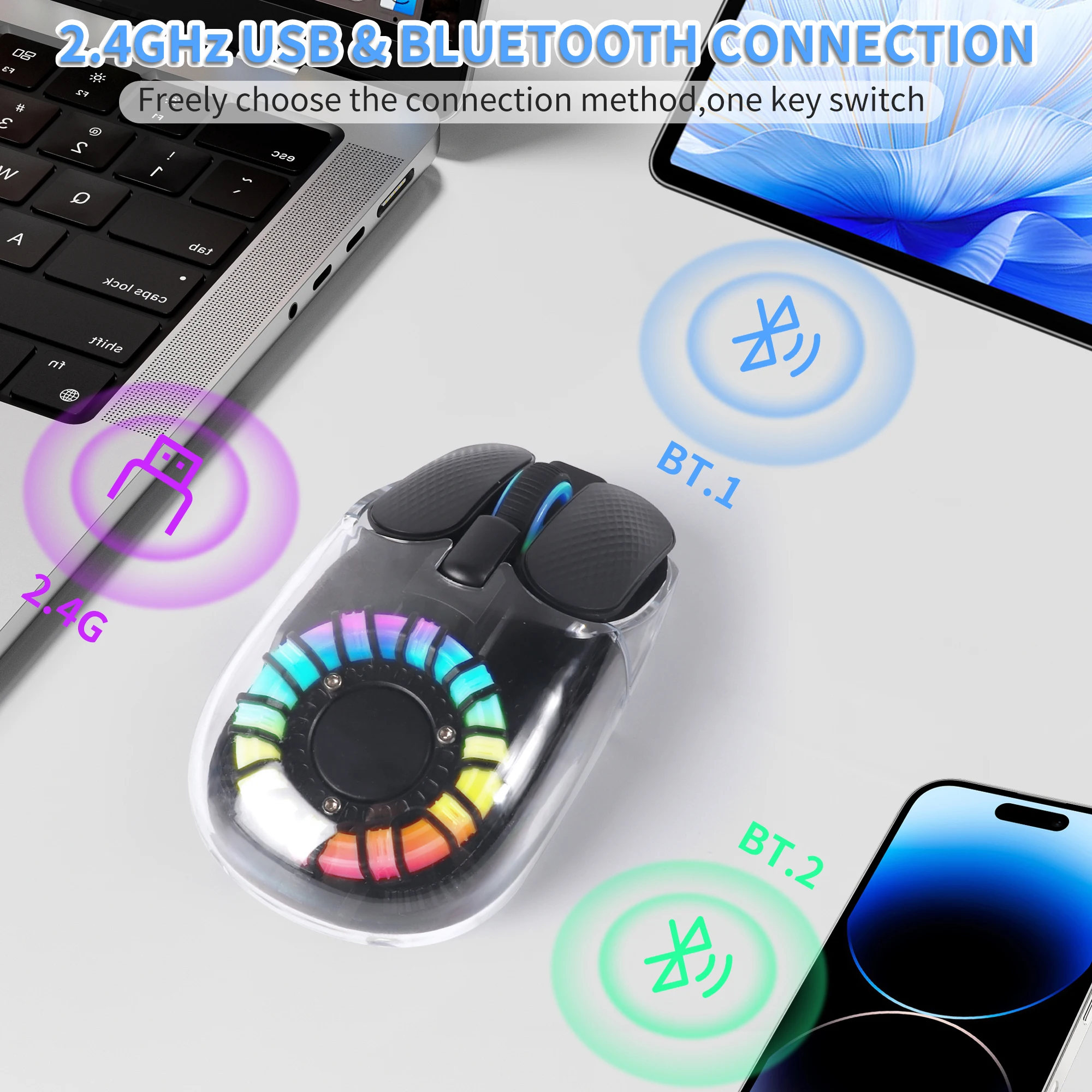 

Wireless 2.4G Bluetooth Dual-mode Rechargeable RGB Light Weight Magnetic Back Cover Resulotion Adjustable Mause Office Use Mice
