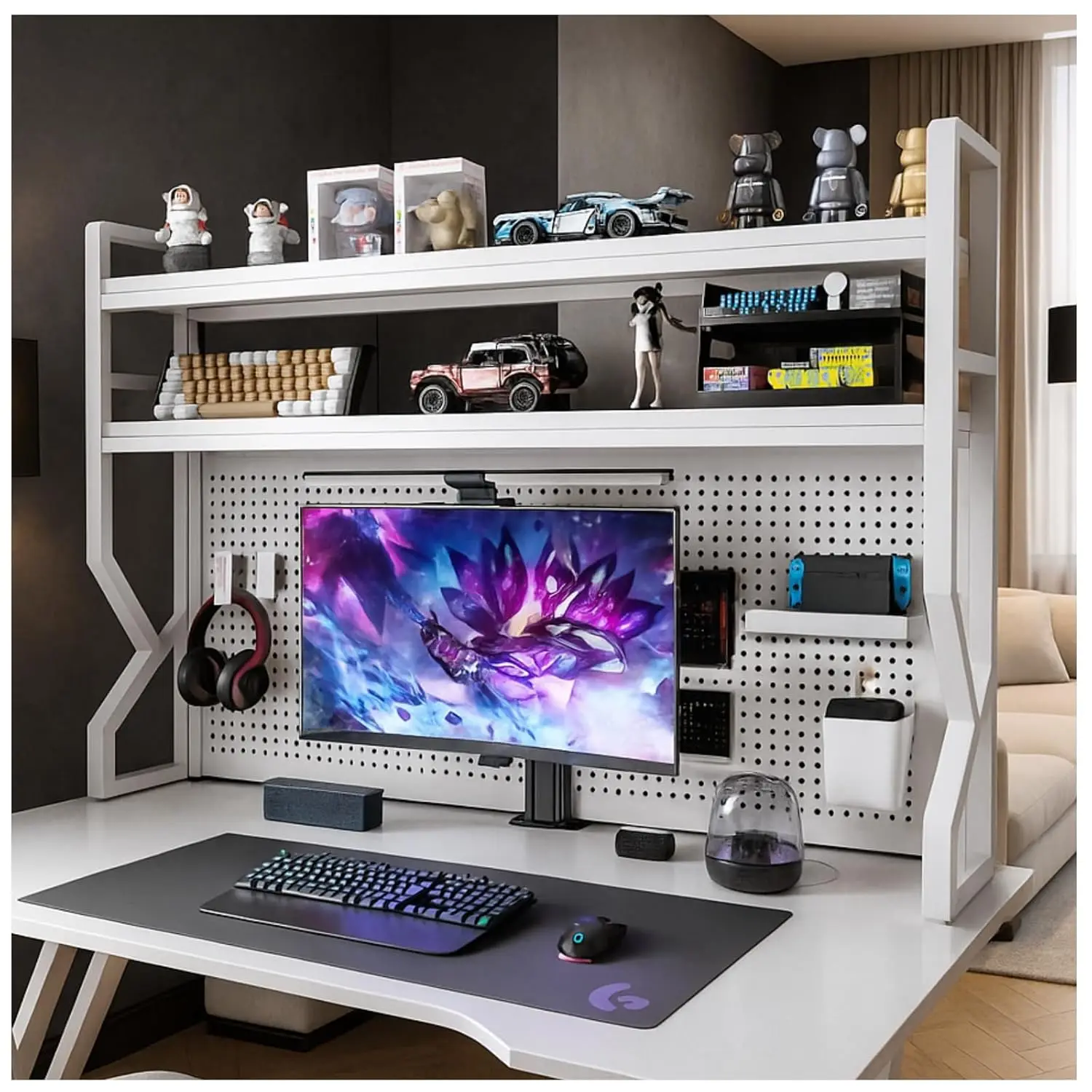 

Desktop Hutch Bookshelf,Many Gifts,Metal Desktop Bookcase with pegboard, Desk Shelf, Countertop Storage Organizer, Customized