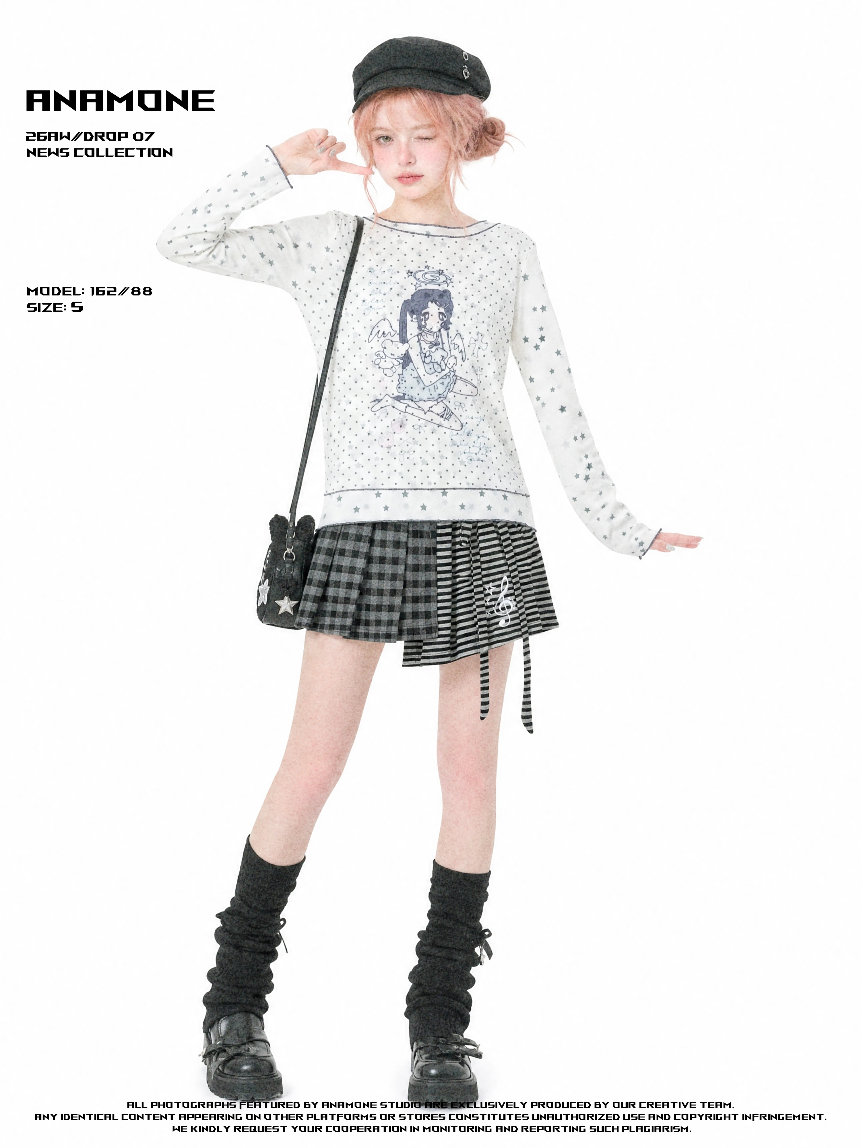 ANAMONE Long Sleeve T-Shirt Women's Thin Mesh Top Cute Cartoon Star Pattern Slim Fit Lightweight round Neck Polyester Fabric