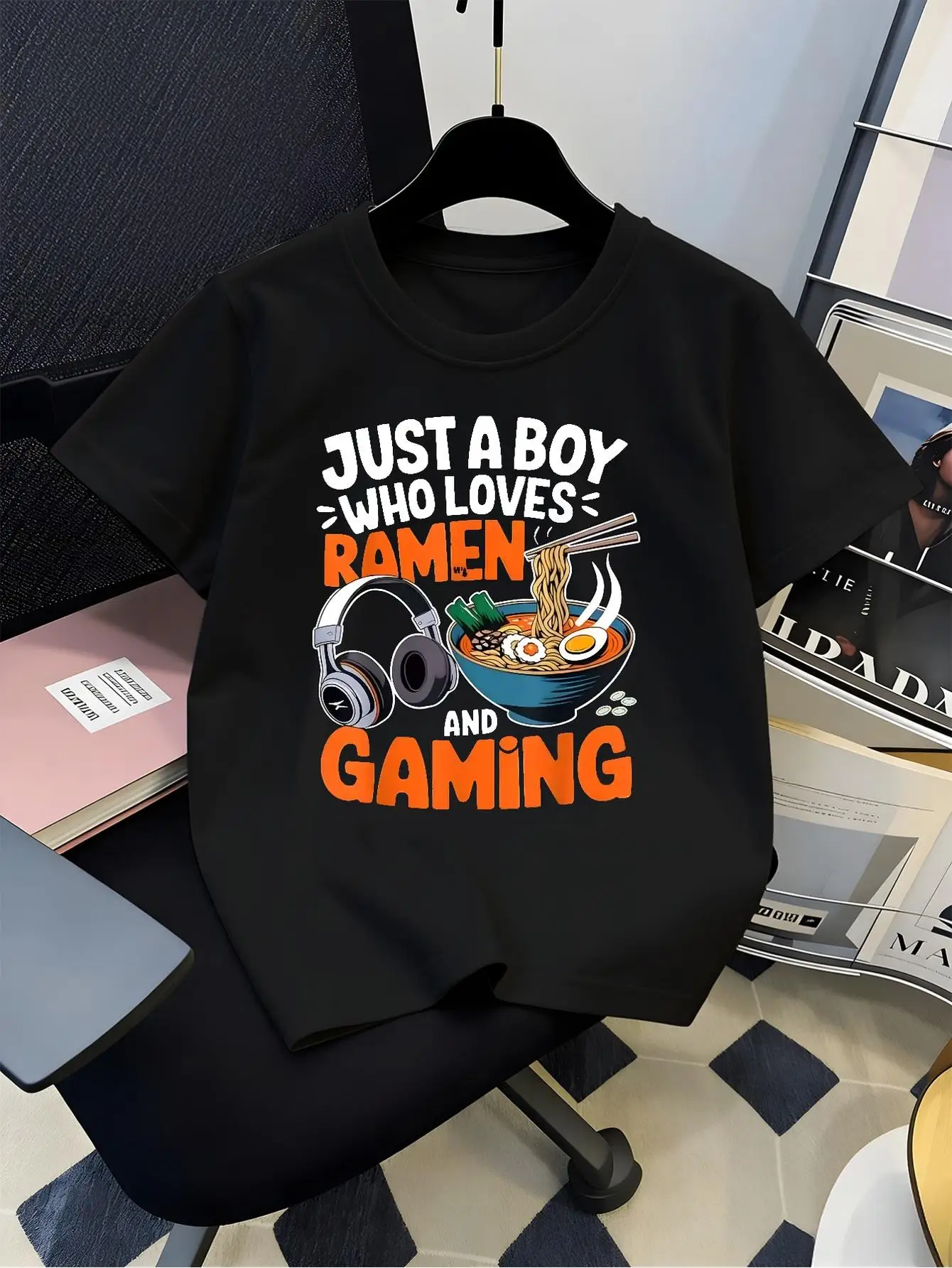 Just A Boy Who Loves Ramen And Cartoon Graphic Tee Boys Girls Family Matching Casual Parent Kids Food Game Short Sleeve Outfit