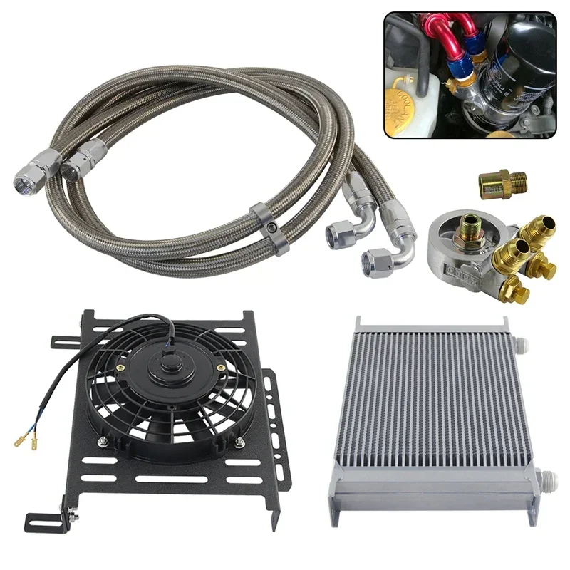 Mejora el enfriamiento de aceite AN10 Enfriador de aluminio de 30 filas (plateado/negro) con 80 ° C Termostato, Adaptadores M20×1.5 y 3/4"-16 UNF + 7''