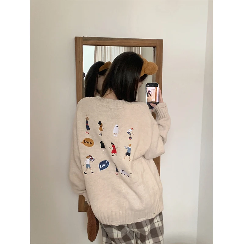 Streetwear Oversized Sweater Women Cartoon Embroidery Knitted Pullovers Sweet Harajuku Loose Knitwear Korean Casual Jumper Tops