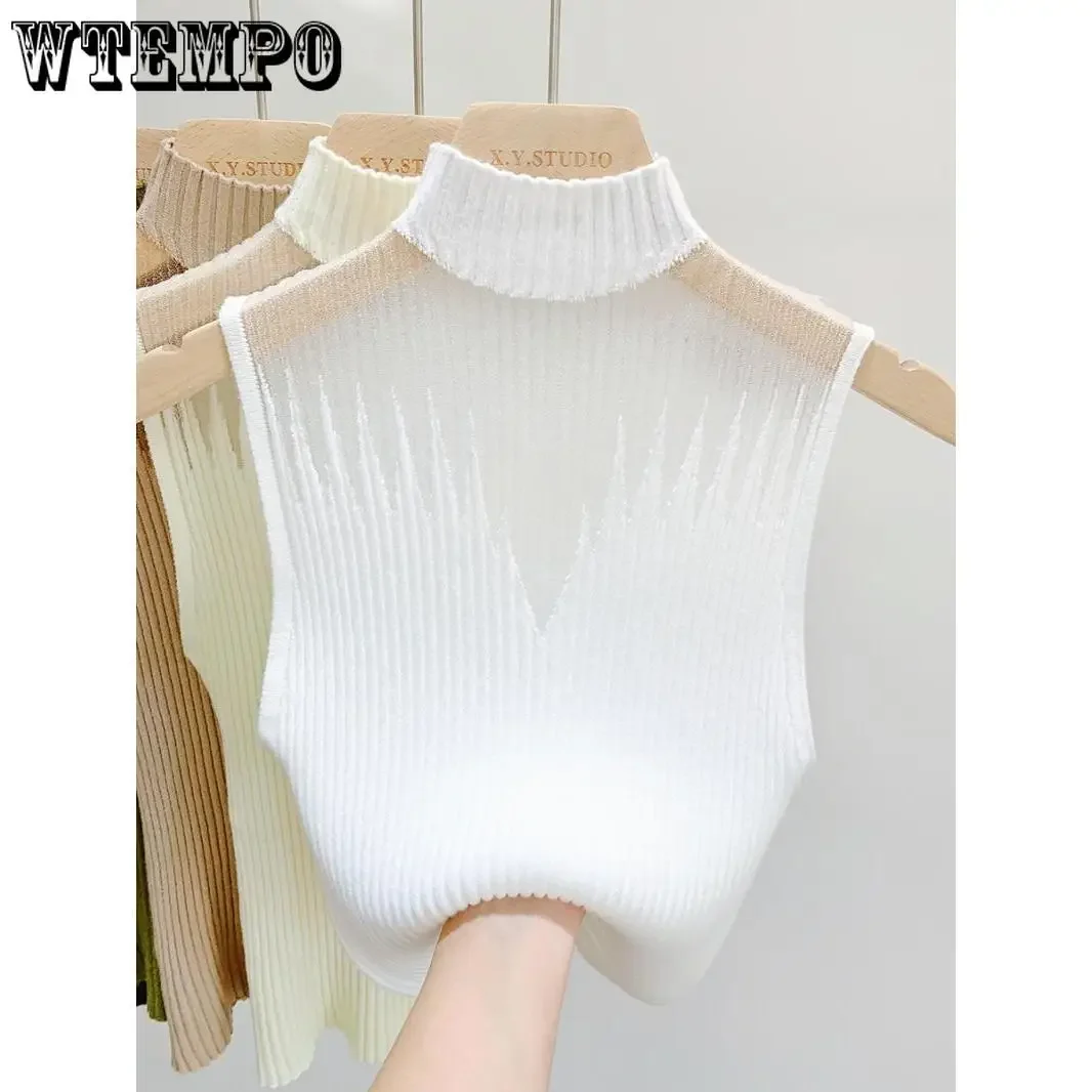 WTEMPO Women Slim Knitted Vests Summer Female Sheer Turtleneck Sleeveless Solid Stretch Camis Tank Tops