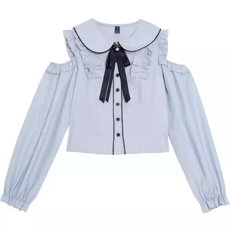 Japanese Kawaii Girl Sweet Lolita Blouse Hollow Out Shirt Y2k Aesthetic Lace Bow Ruffled Women JK Loose Blusas Elegant Camisas