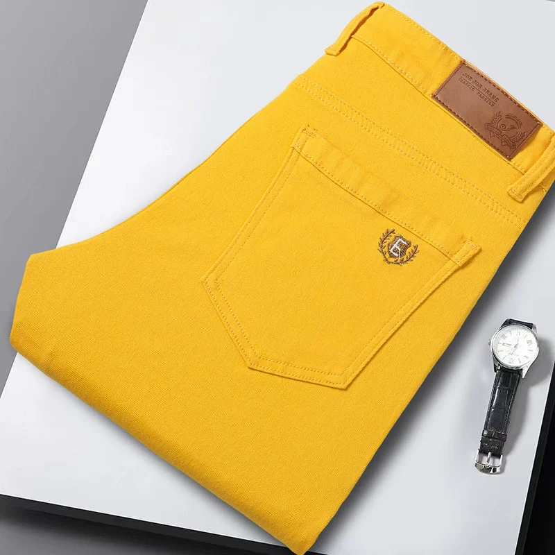 Men's Slim Fit Straight Jeans Summer Thin Casual Pants Elastic Waist Stretch Denim Trousers Solid Color Male Fashion Bottoms