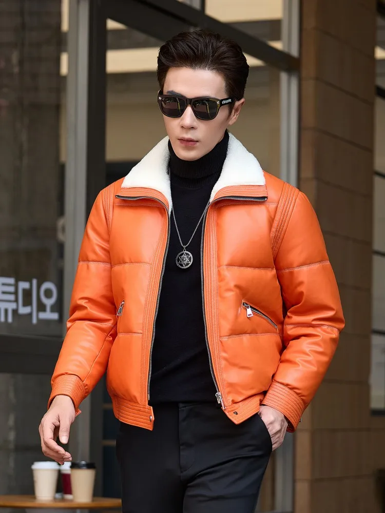 Fashion Mens Genuine Leather Down Coat Winter Zipper Thicken Warm Wool Collar Streetwear Casual High Quality Sheepskin Jacket