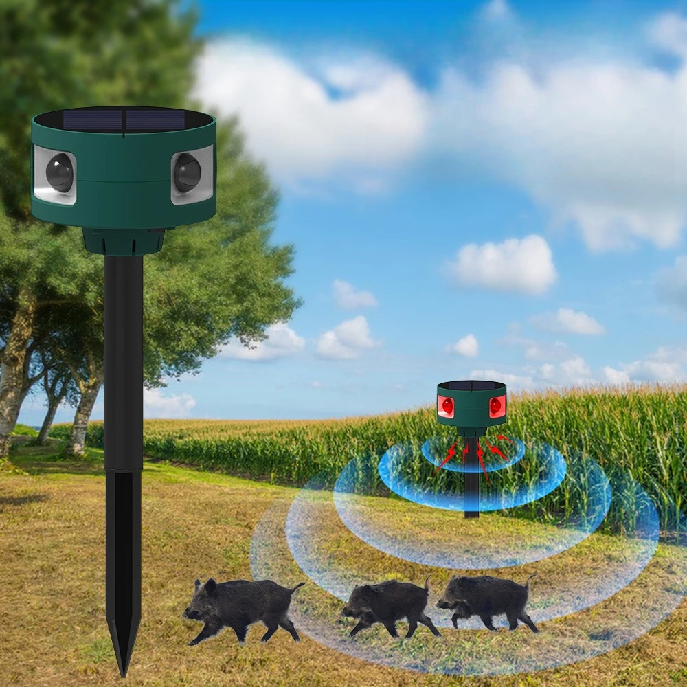 

Solar Powered Ultrasonic Animal Repeller, PIR Motion Activated Sound & Light Alarm, Waterproof Wild Boar Weasel Fox Deterrent