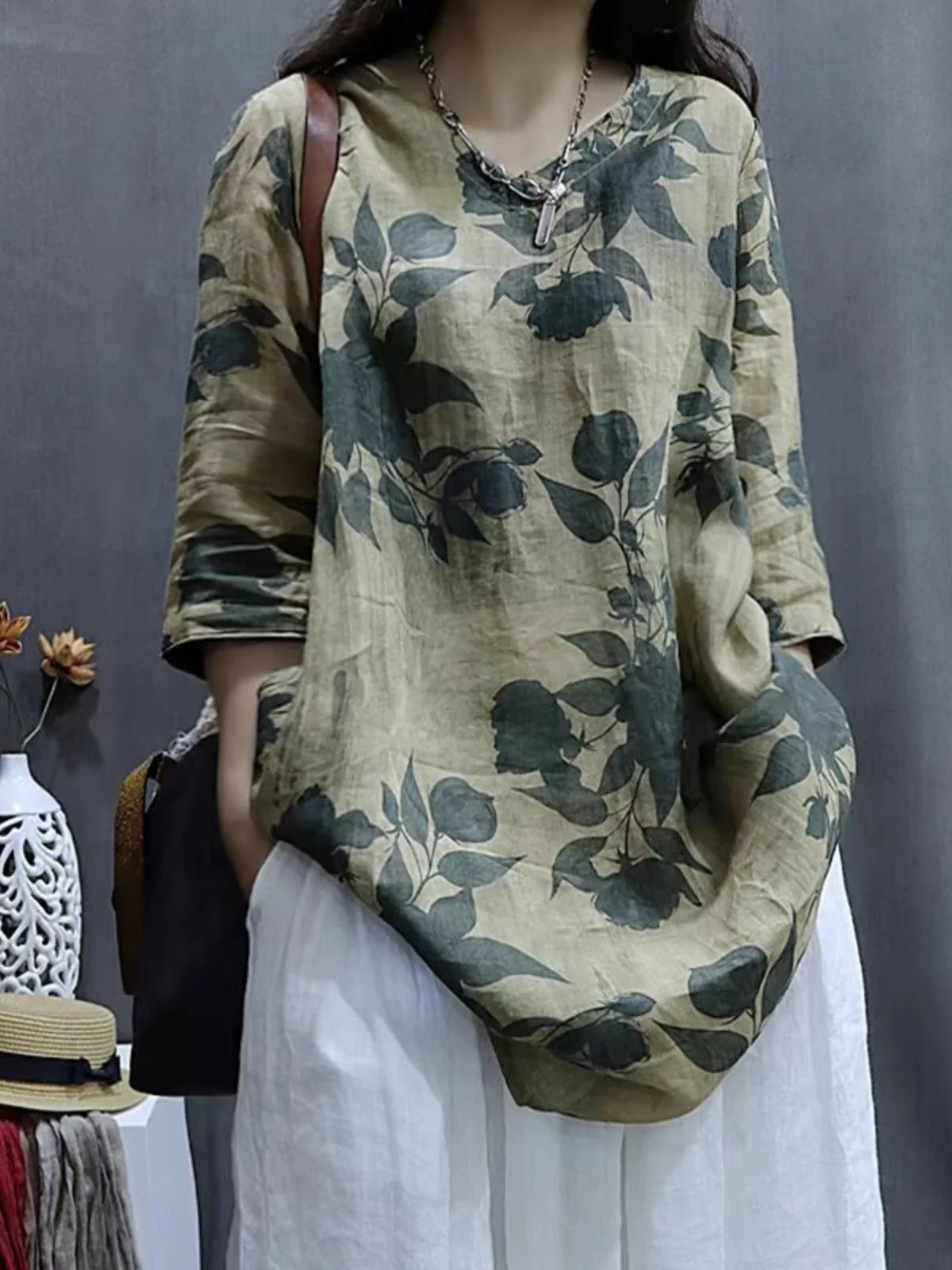 

Retro Flax Print Casual Loose Slimming Mid-Sve irt Women's Faionable Comfortable Breathable Summer irt