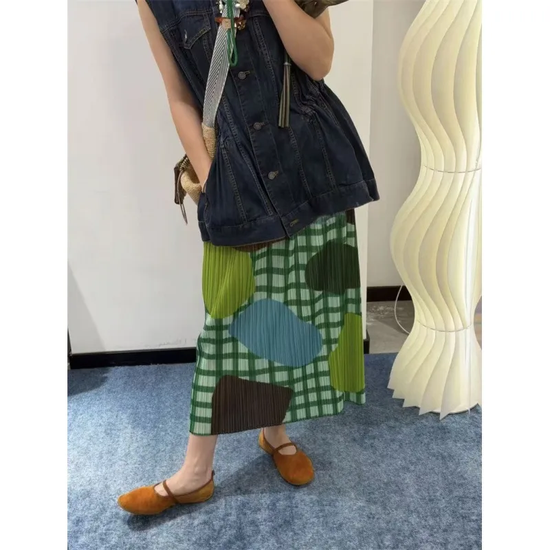 Miyake Pleated 2026 Summer New Original Niche Design Abstract Pleated Plaid Green Potato Red Tomato Print Pleated Skirt Pleat
