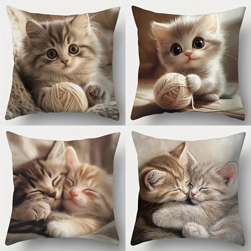 4Pcs Cute Kitten Pillow Covers 45x45cm Double-sided Printed Yarn Ball Sleeping Cat Cushion Cases Adorable Pet Lover Decor No