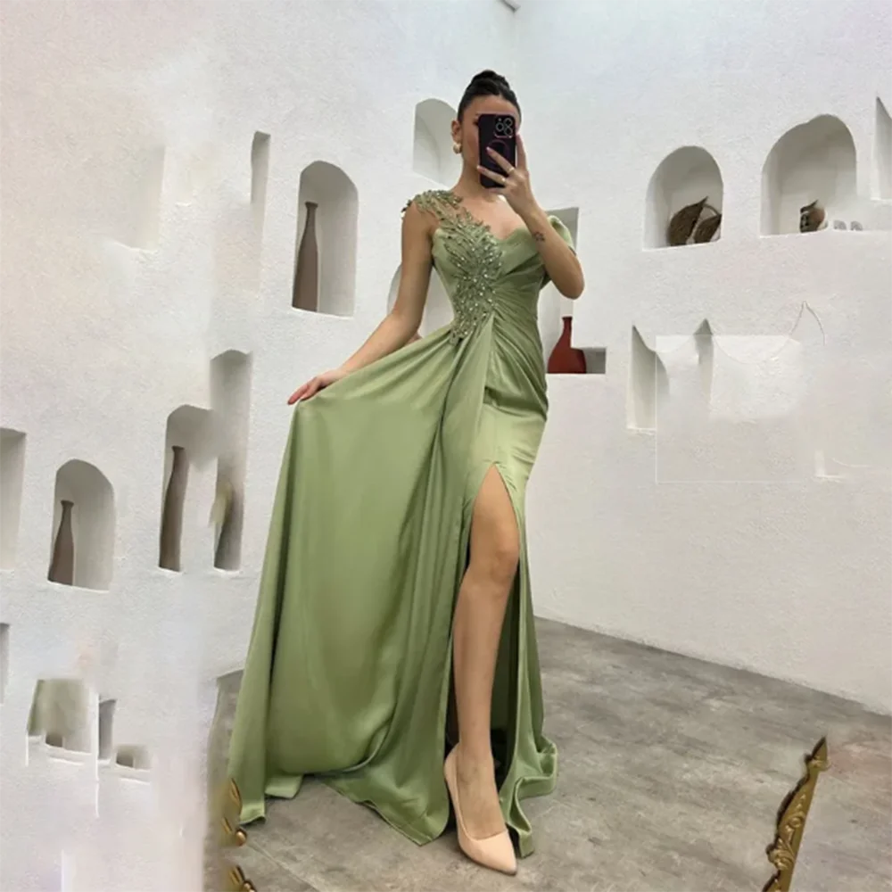 Pretty New in Green Women Prom Dresses Off the Shoulder Floor Length A-Line Side Split Elegant Smart Formal Evening Party Gowns