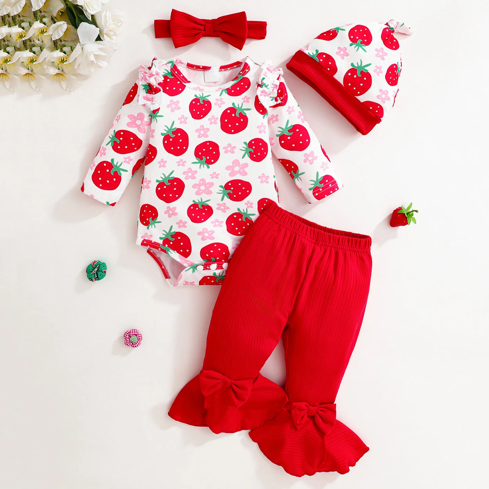 

Baby Girl Home Outfit For Girls Comfortable And Breathable Set Cute Strawberry Printed Tops Flared Pants Sets For Kids Popular