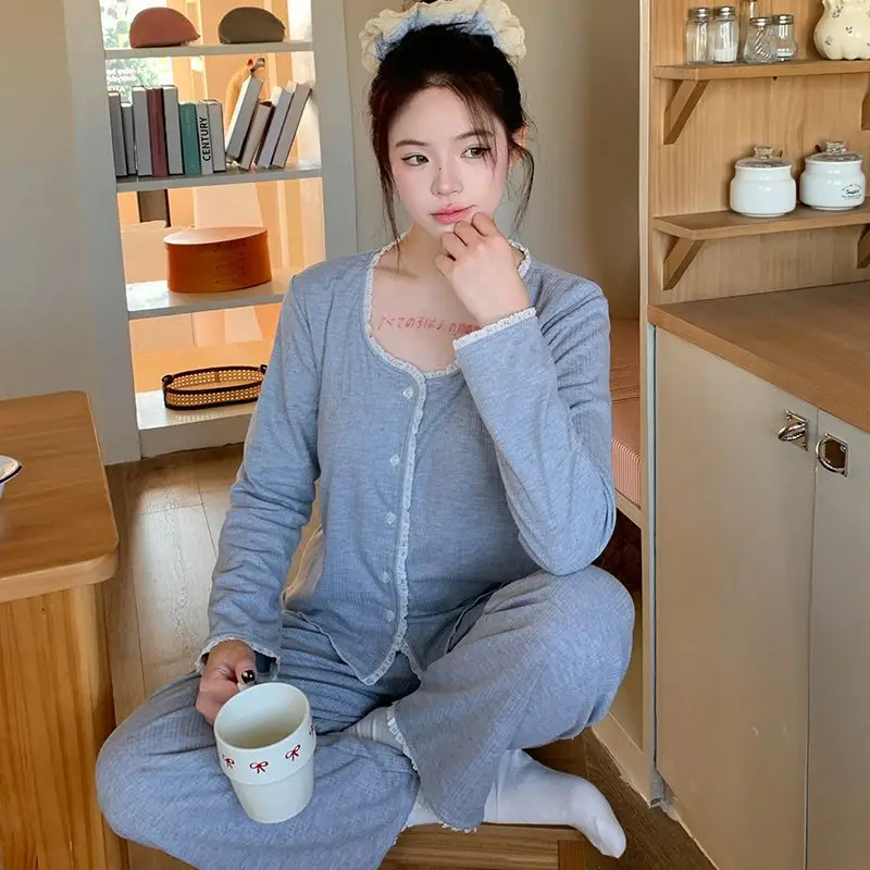 Frühling Herbst Mädchen Studenten Langarm-Hosen Loungewear Damen Schlafanzug mit Brustpolstern, auch für draußen tragbar, Damen Freizeitset, Homewear