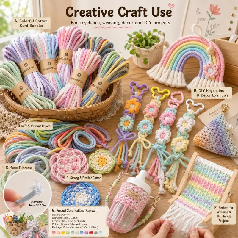 4mm 10m Farbverlauf-Baumwollkordel - Für Taschen, Kleidung, Heimtextilien, Dekoration, Telefon- und Autohängeseile, DIY-Näh- und Bastelzubehör – Detail 6