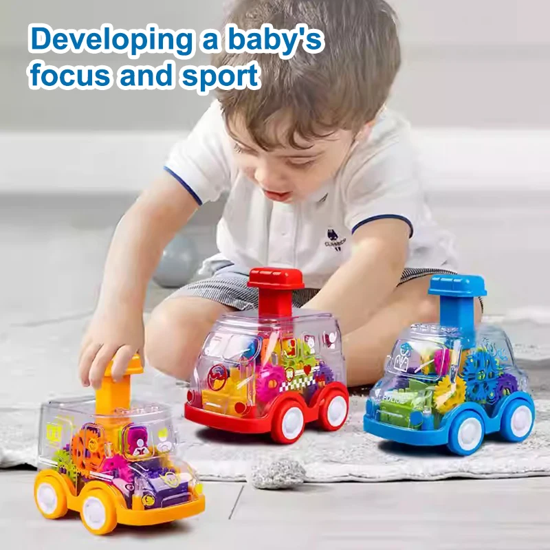 Cute Walking Transparent Gear Car for Kids Police School Bus Press Toy Car Pull Back Car Cartoon Vehicles Toys For Children Gift