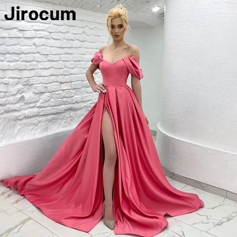 

Jirocum Off Shoulder Long Prom Dress Women's Satin Side Slit Pleated Party Evening Gown A Line Floor Length Formal Occasion 2024